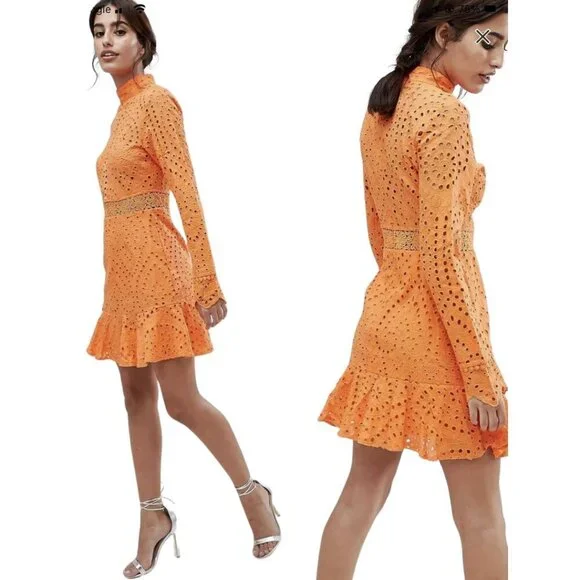 Lioness Eyelet Cutout High Neck Mini Dress Women's XL Orange Lace Party Cocktail - Picture 2 of 16